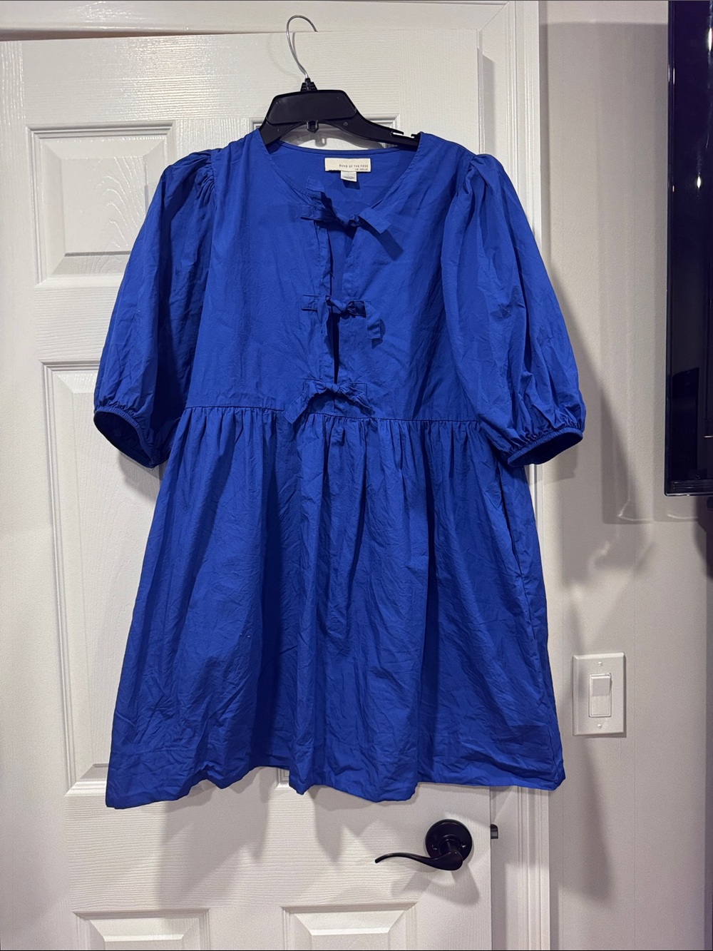 Vibrant Blue Mini Dress with Puff Sleeves and Front Ties